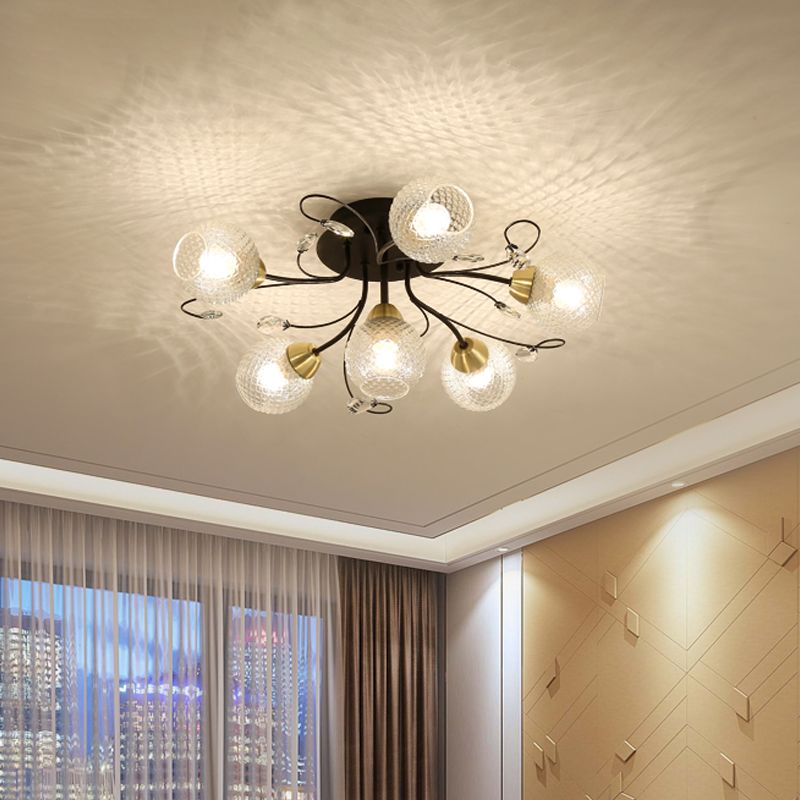 Globus Deckenmontagedise Minimalismus klares Gitterglas 6 Lampen Black/Gold Semi Flush Light