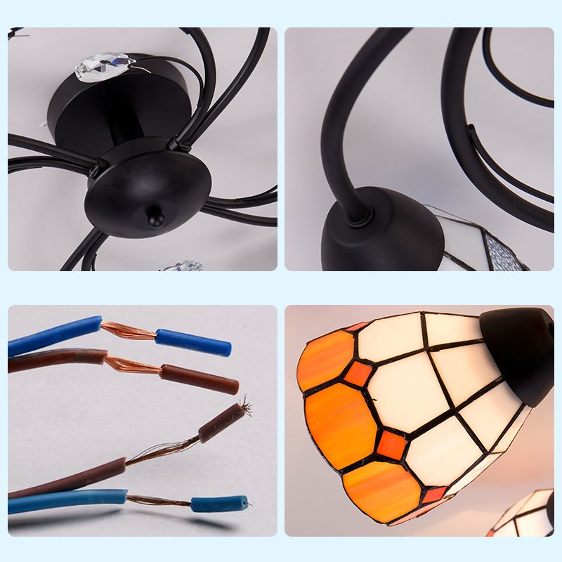 Bol en vitrail semi-affleurant de style Tiffany, 4 têtes, semi-encastré en bleu/orange pour chambre à coucher