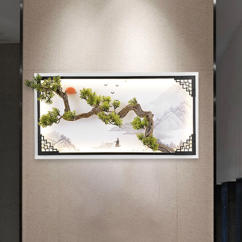 Pine Branch LED Wall Mural Lamp Asia Iron Living Room LED Sconce Lighting in White-Green