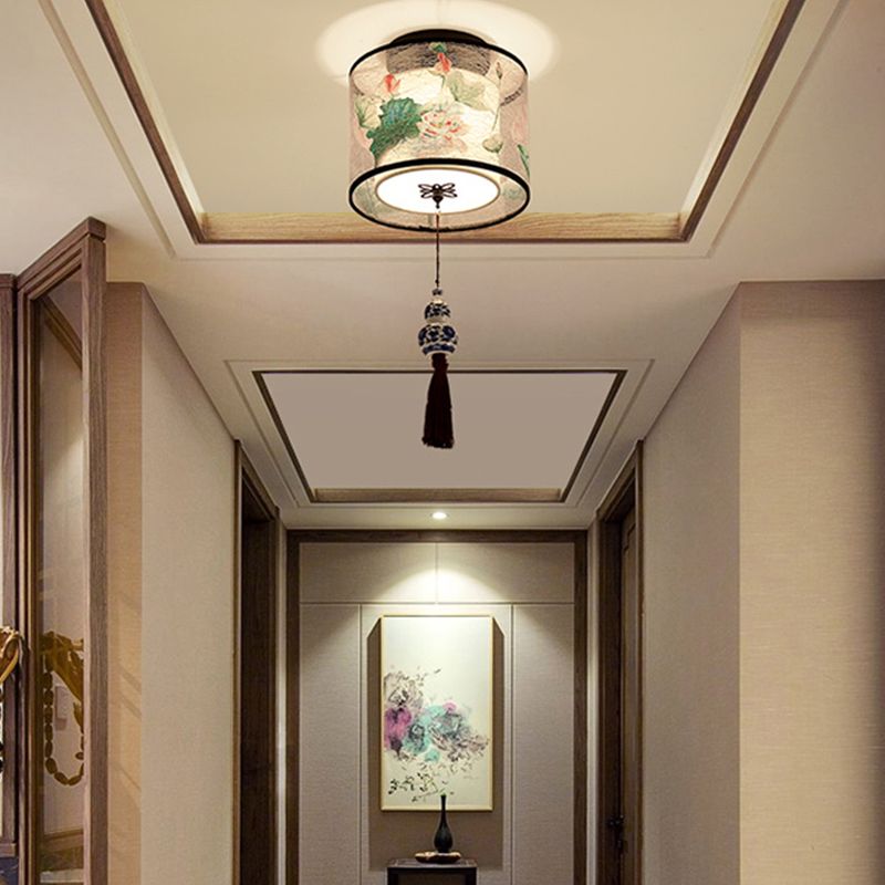 Square/Drum Shape Chinese Style Fabric Flush Mount Light Fixture for Living Room Dinning Room