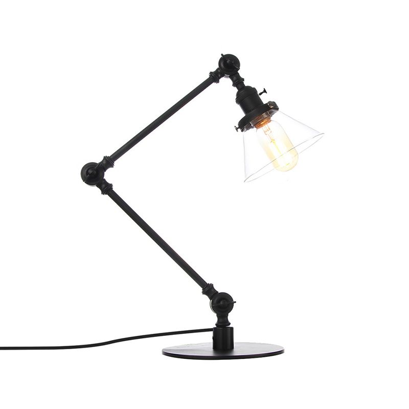 Table conique de style industriel clair Ambre / verre transparent et métal 1 lampe de table de chambre à coucher légère avec bras réglable en noir / laiton