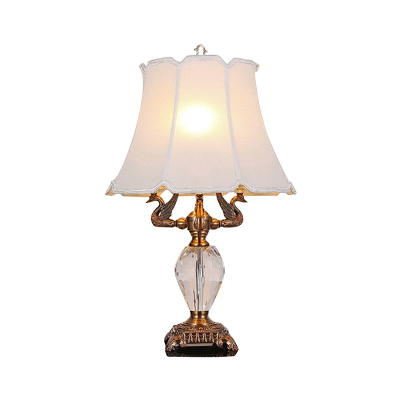 1 Light Night Lamp Lodge Paneled Bell Fabric Table Light in White/Beige for Bedroom with Crystal Accent