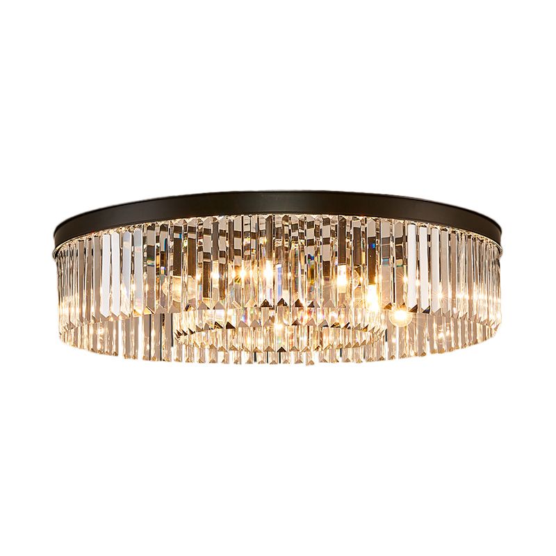Vintage Circular Flush Mount Lighting Metal 4/6/8 Lights Ceiling Lamp with Clear Crystal Prism in Black