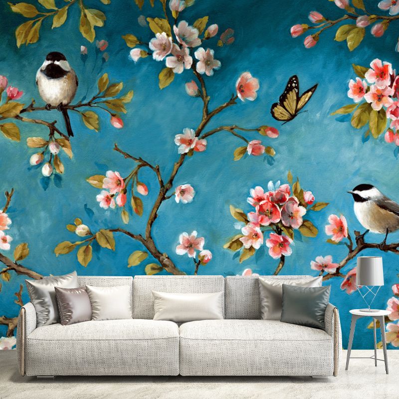 Pink-Blue Birds Mural Decal Branch with Florets Eco-Friendly Wall Art for Bedroom