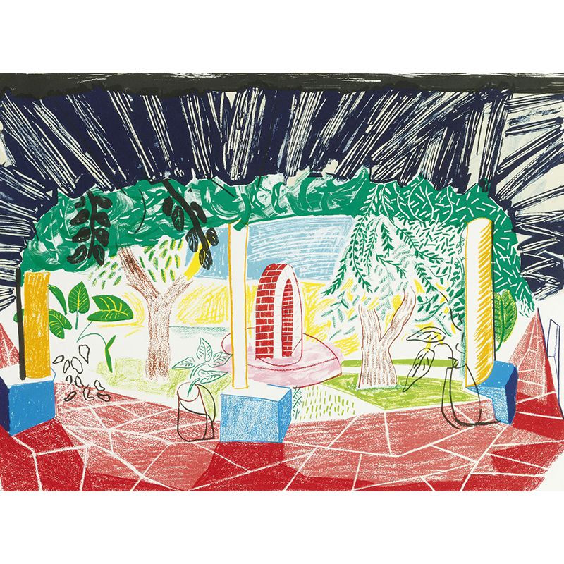 Personalized Illustration Art Mural with A Walk Around the Hotel Courtyard Painting in Multi Color