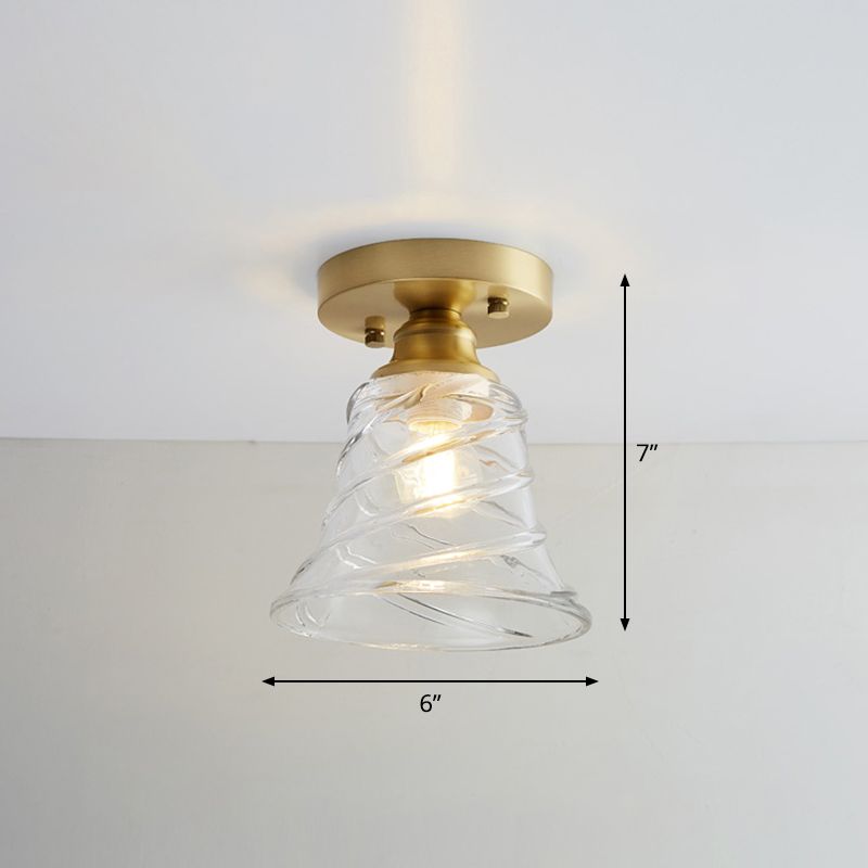 Industrial Small Ceiling Light Fixture 1-Light Textured Glass Semi Flush Mount in Brass for Aisle