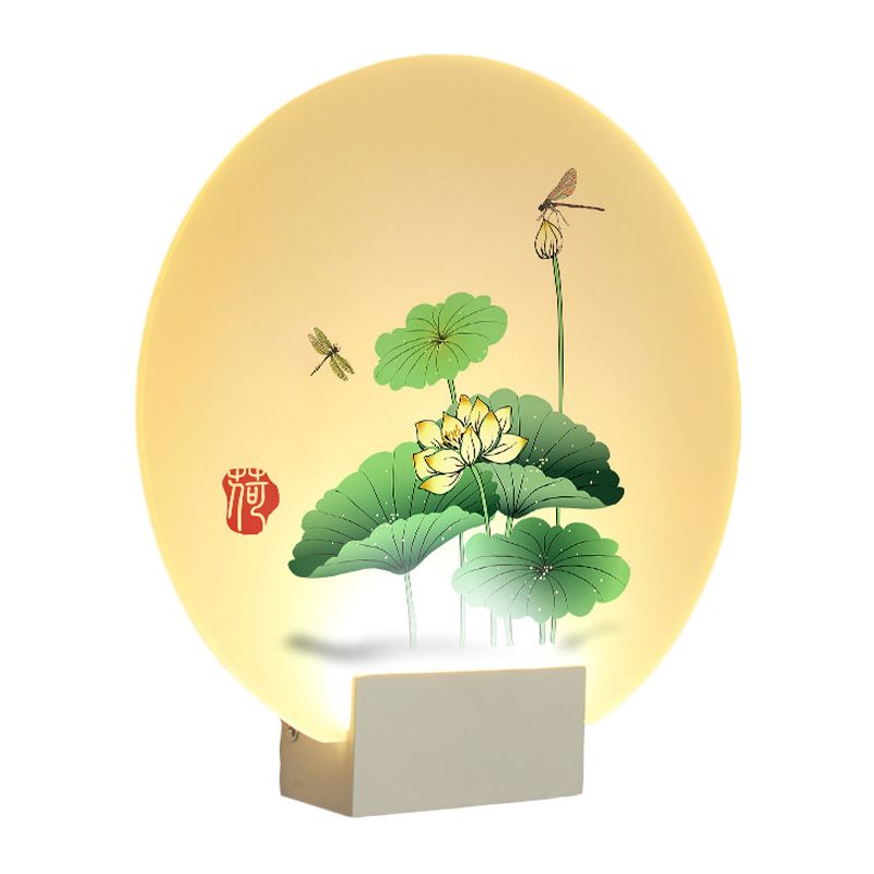 Asia Style Circular Wall Lighting Acrylic LED Wall Mural Light in White with Lotus Leaf and Dragonfly Pattern