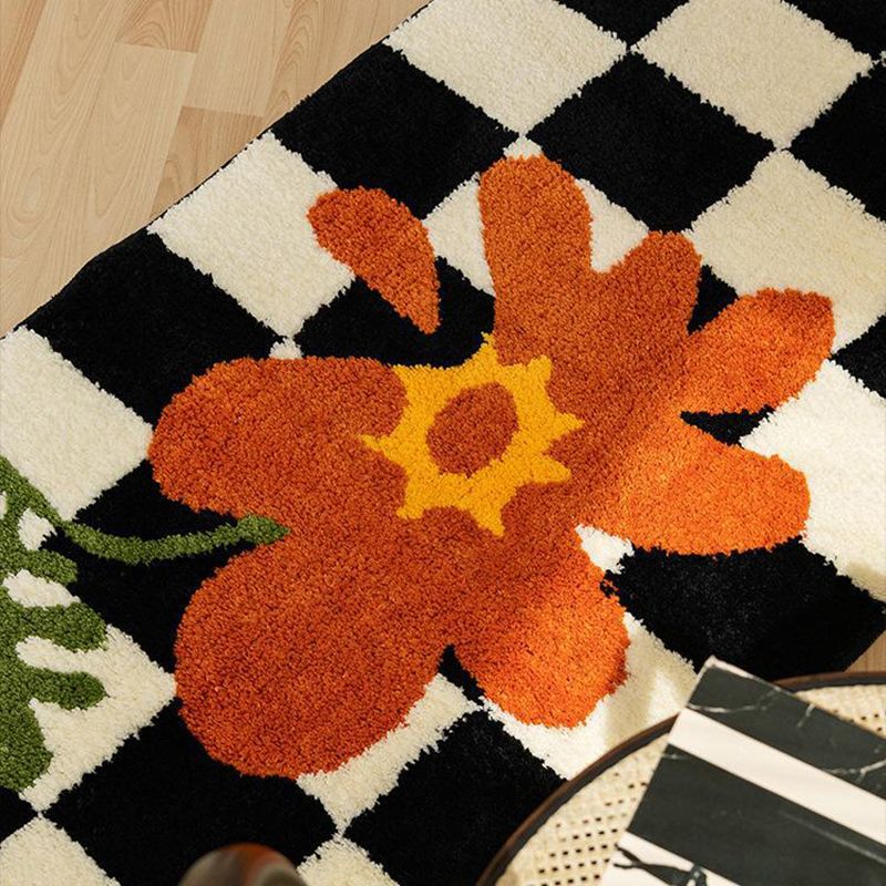 Black Modern Rug Polyester Grating Rug Stain Resistant Rug for Living Room