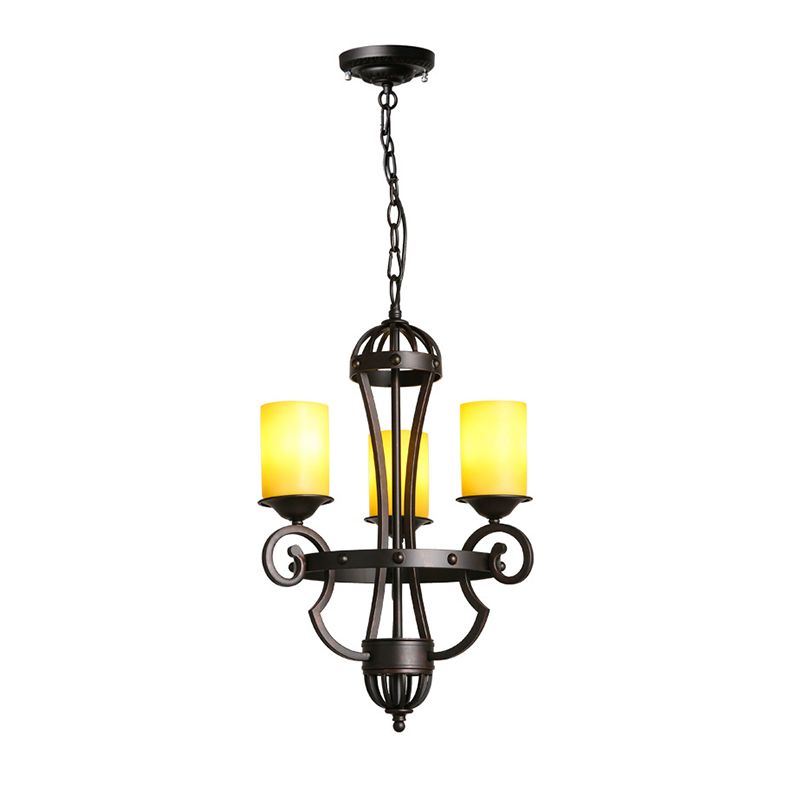 3 Lights Dining Room Chandelier Light Rustic Black Hanging Fixture with Cylinder Yellow Glass Shade