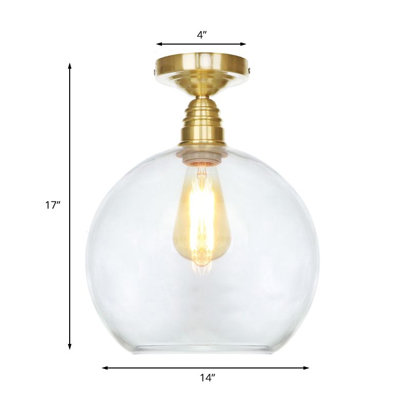 1 Light Spherical Semi Flush Light Brass Industrial Clear/Amber Glass Ceiling Mount, 8"/10"/12" Wide