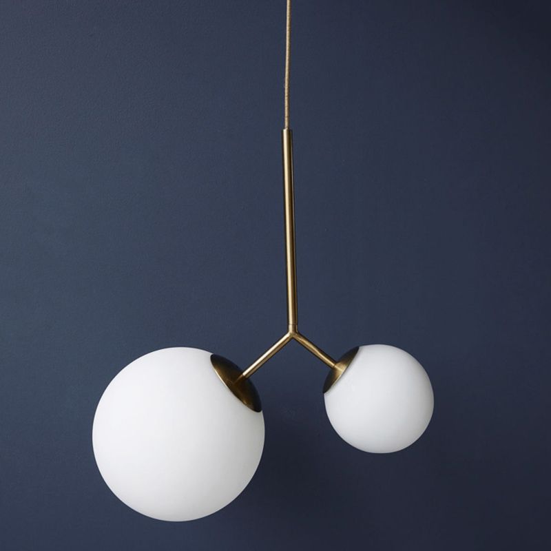 2 Lights Pendant Ceiling Light Nordic Gold Hanging Ceiling Light with Globe White Glass Shade