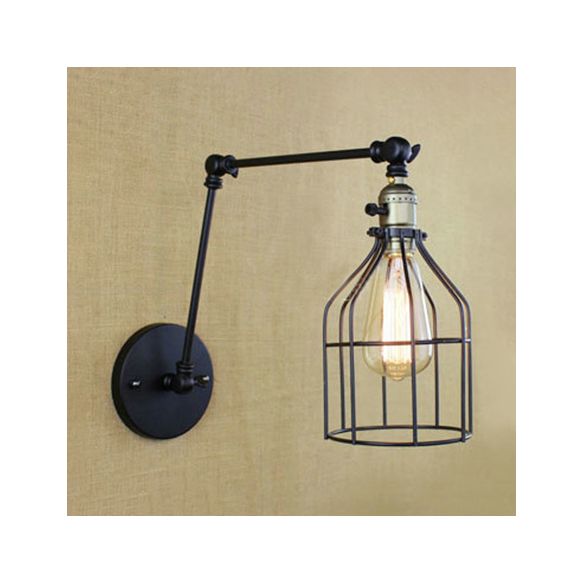 Farmhouse Verstellbare Armwandlampe mit Vogelkäfig Schatten 1 Kopf Metallic Wall Feature Licht in Schwarz