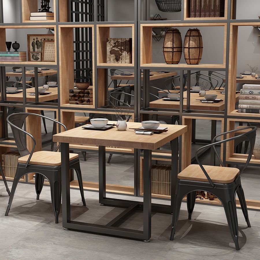 Industrial Solid Wood Dining Table Square Table in Brown with Metal Trestle Base
