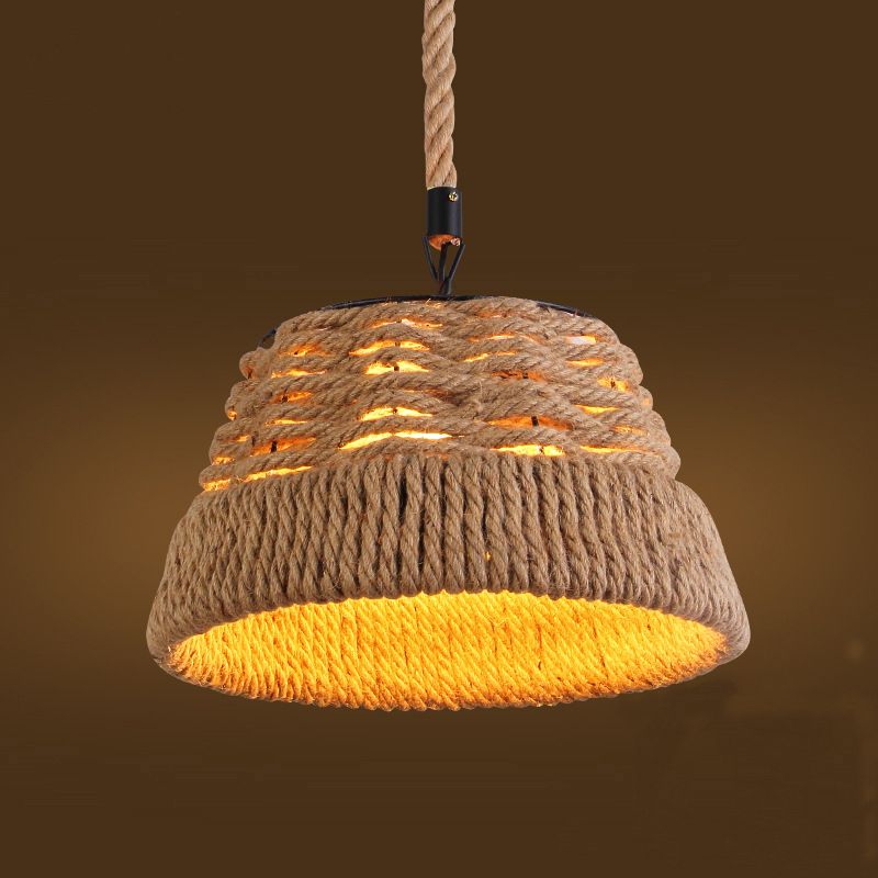 Rustic Bowl Ceiling Light Beige Hemp Rope 1 Light Restaurant Hanging Pendant Lighting