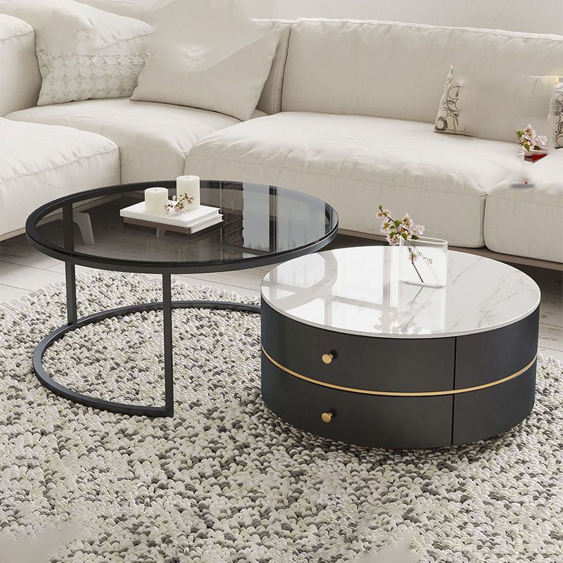 Frame Coffee Table Contemporary Stone/Glass Cocktail Table with Storage Drawers