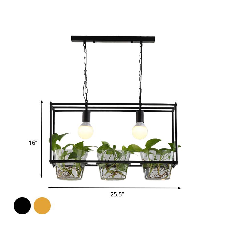 Metal Rectangle Island Ceiling Light Retro 2 Bulbs Dining Room LED Suspension Lamp in Black/Gold