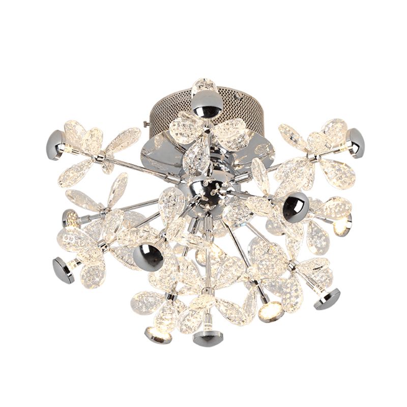 Flower Crystal Semi Flush Mount Modernist 13 Heads Silver Close to Ceiling Lamp for Living Room