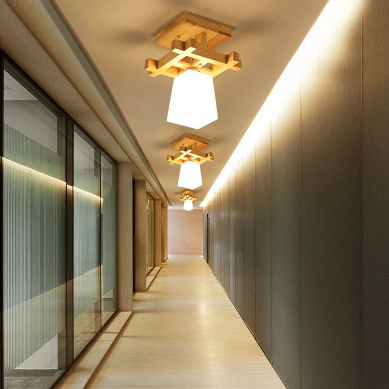 Trapezoidaler Gang Deckenlampe Opalglas 1-Licht Nordic Style Semi Flush Mount Light in warmem/weißem Licht mit Holzoberteil