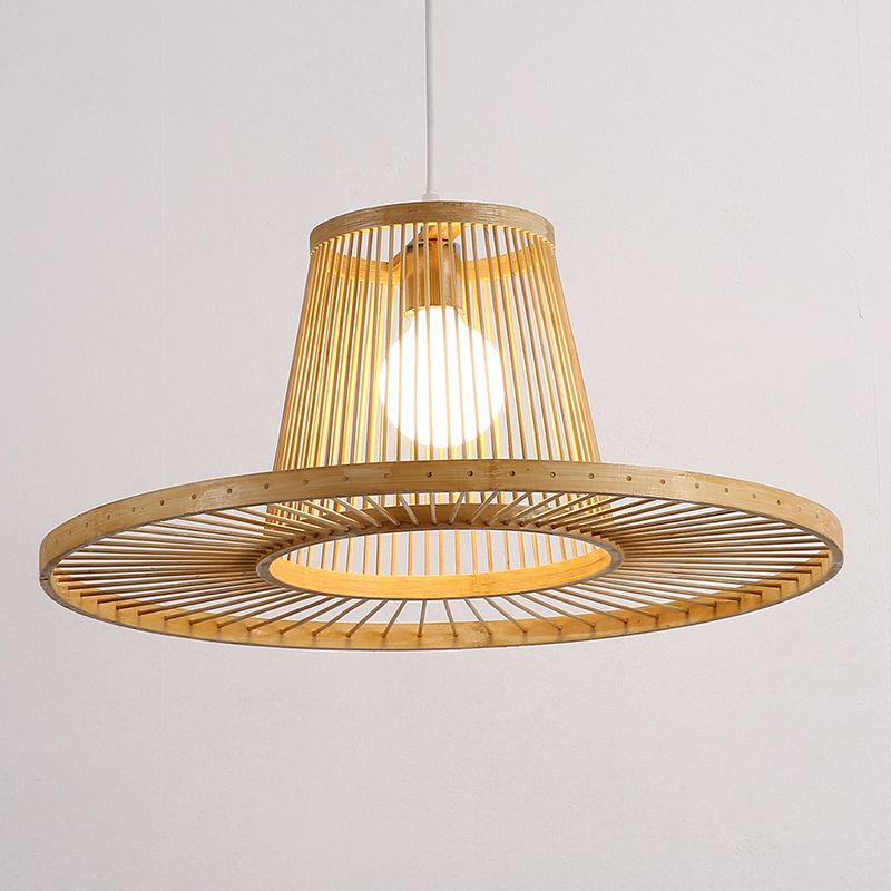 Modern Hat Shaped Pendant Light Bamboo 1 Head Dining Room Pendulum Light in Beige