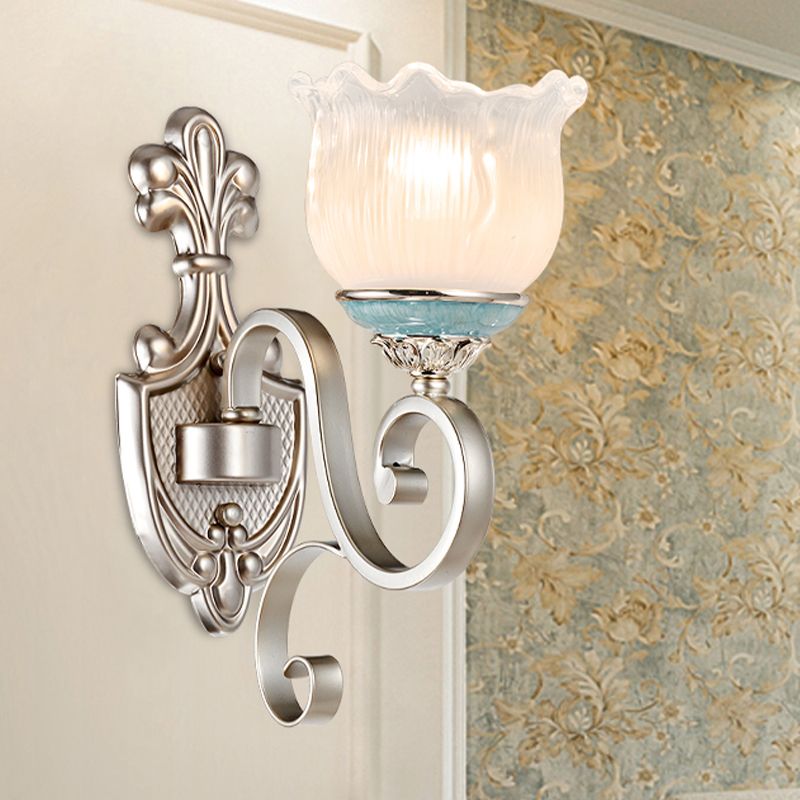 Silver 1/2-Head Wall Lighting Traditional Cream Glass Blossom Wall Sconce Light with Scrolled Arm