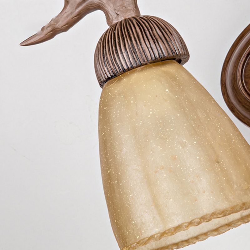 Dark Wood Cone Wall Lighting Rustic Resin and Glass 2-Light Corridor Sconce Lamp with Antler Deco