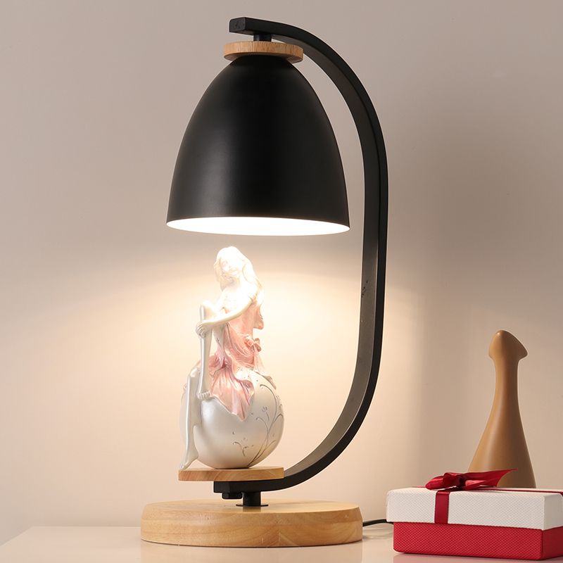 White/Black Finish Bell Shade Table Light Nordic Style 1-Bulb Metallic Desk Lamp with Girl Decor
