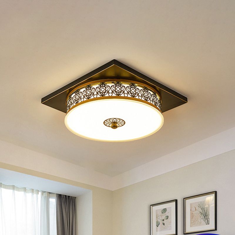 Drum Design Opaline Glass Flushmount Traditional LED Bedroom Ceiling Light Fixture in Black, 12"/16"/19.5" W