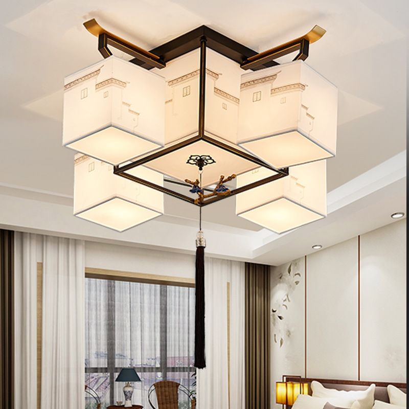 Traditional Style Flush Ceiling Light Fabric Shade Lighting Fixture for Living Room
