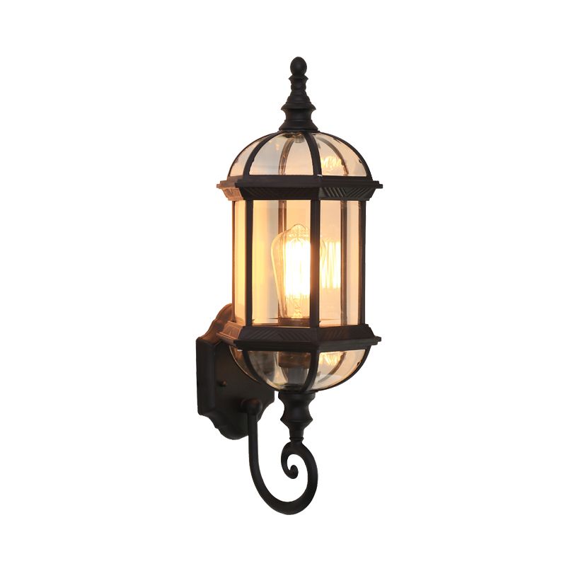 Clear Glass Birdcage Wall Sconce Country 1 Bulb Outdoor Wall Mounted Light in Black/Brass with Twisted Arm
