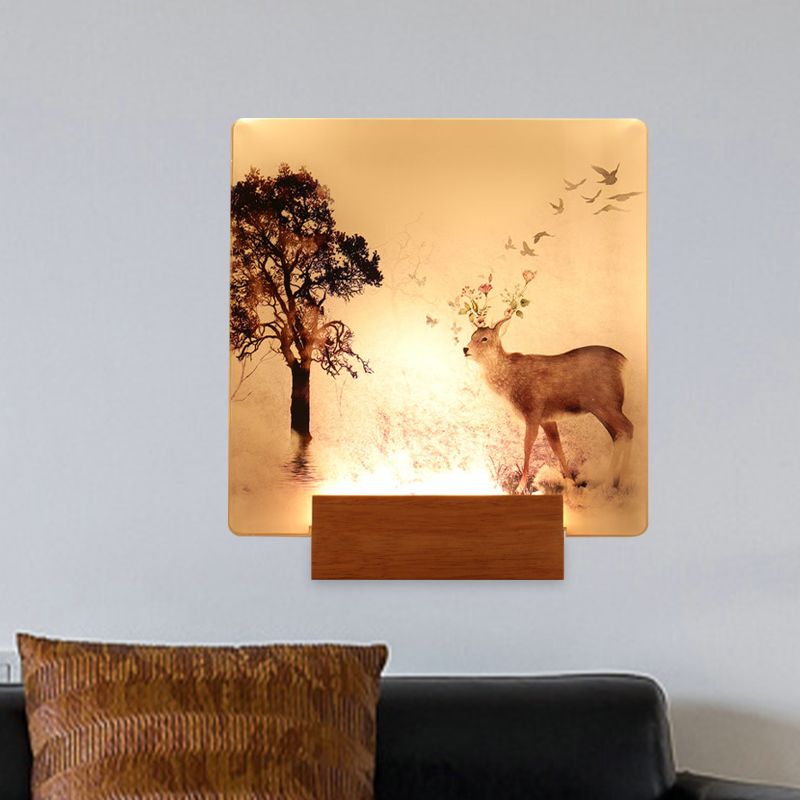 Square Hallway Wall Mounted Lighting Acrylic LED Oriental Wall Mural Light in Brown with Deer and Tree Pattern