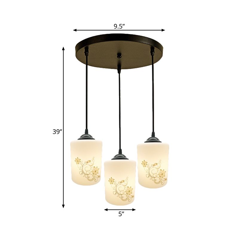 Cylinder Dining Room Multi Ceiling Light Modern White Printed Glass 3-Head Black Hanging Pendant with Linear/Round Canopy