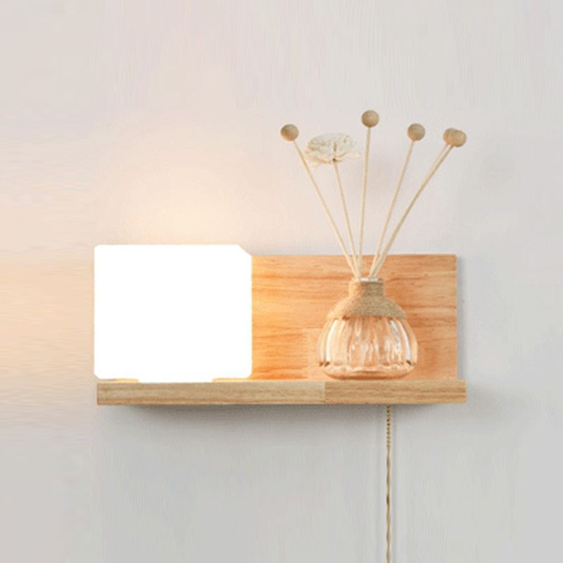 Japanese Wood Wall Light Cube 12" Wide Wall Sconce with Pull Switch for Bedroom