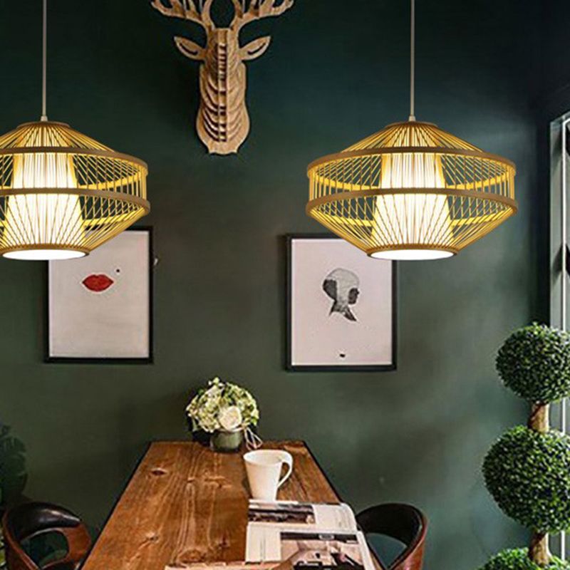 Globe Pendant Light Fixture Chinese Bamboo 1 Light Restaurant Hanging Lamp in Beige