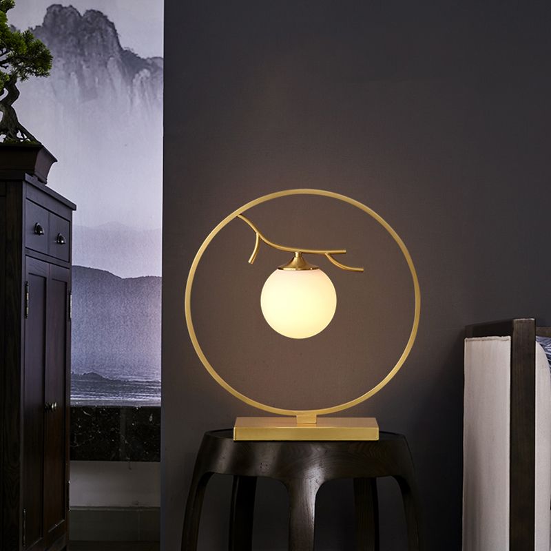 Postmodern Ball Shade Nightstand Lamp Ivory Glass 1-Light Living Room Table Light in Brass