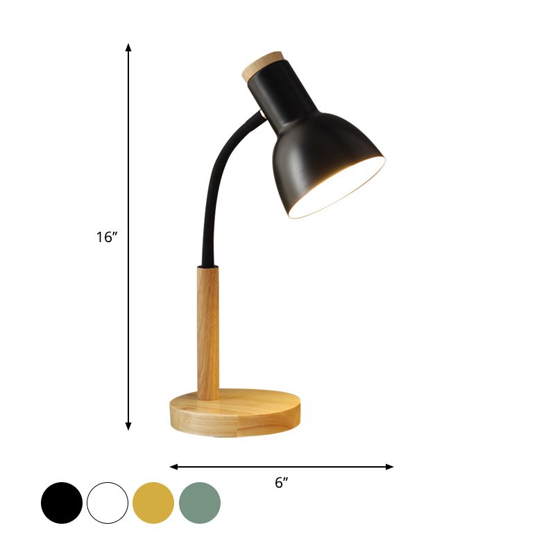 Metal Domed Night Table Lamp Simple 1 Bulb Black/White/Yellow Flexible Nightstand Light with Wood Round Base