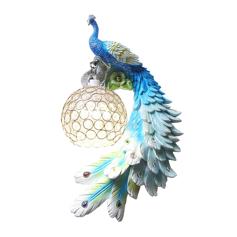 Peacock Wall Sconce Art Decor Resin 1-Light Living Room Wall Lamp with Spherical Crystal Shade