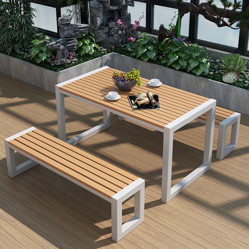 Industrial Rectangle Patio Dining Table 3 PCS Wood Dining Set with Bench