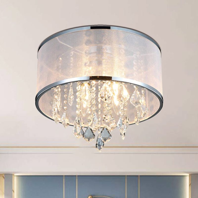Drum Shade Fabric Flush Mount Fixture Simple 4 Lights Bedroom Close to Ceiling Light in Chrome with Crystal Accent