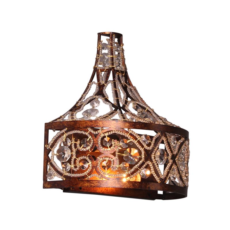 Dark Rust Drum Wall Light Fixture 2 Lights Antique Style Wrought Iron Wall Lamp with Crystal Bead for Corridor