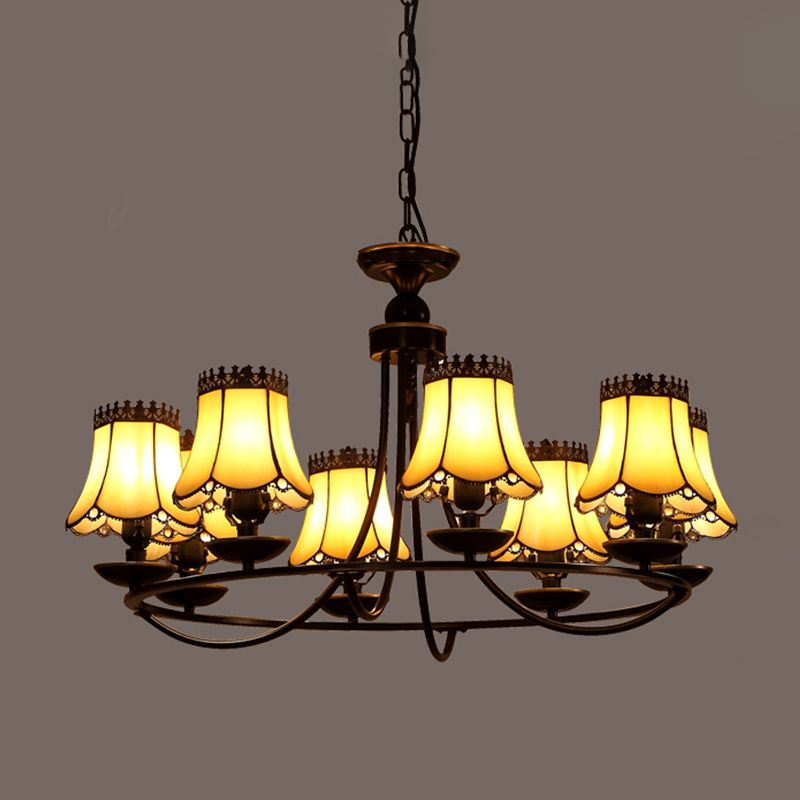 Baroque Bell Shade Chandelier Light Fixture 4/6/8 Lights Beige Glass Hanging Lamp Kit in Black