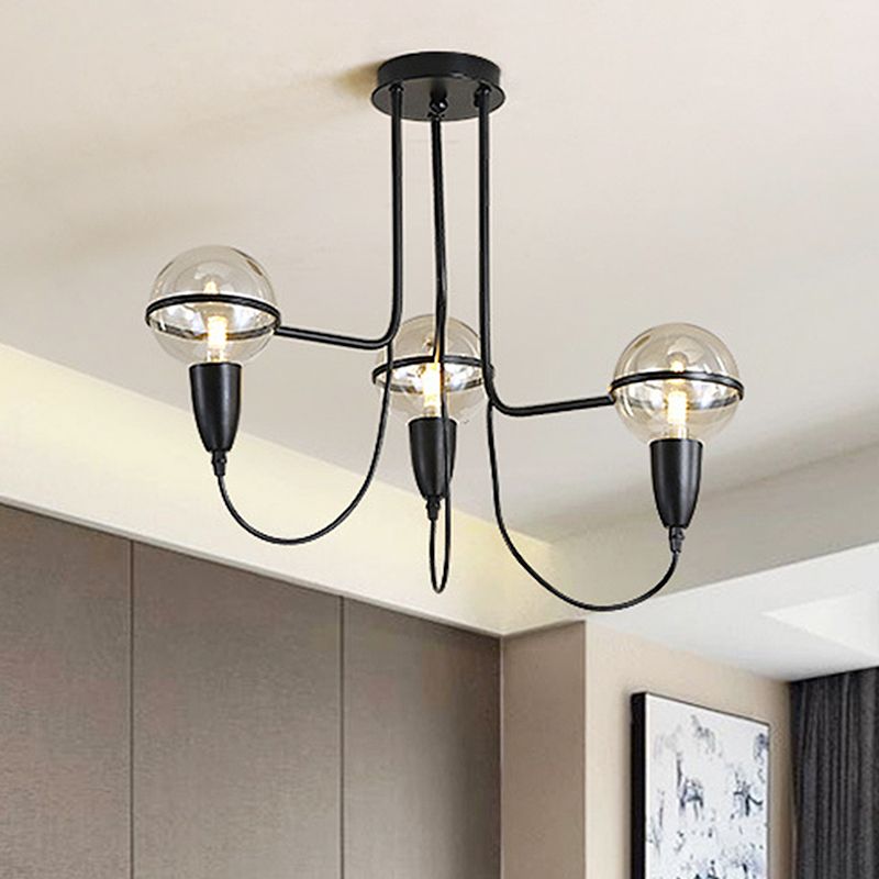 3 Lights Ceiling Lighting Traditional Globe Clear Glass Cluster Pendant in Black for Bedroom