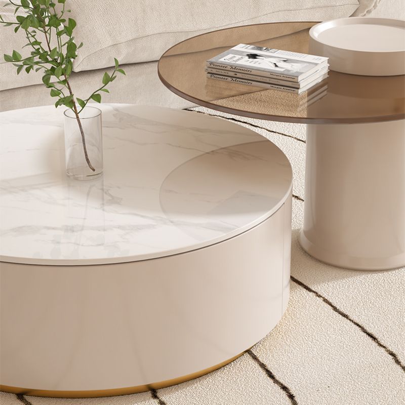 Drum Coffee Table Round Slate Top Cocktail Table with 2 Storage Drawers