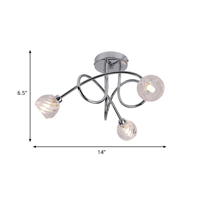 Modernism Pineapple Semi Mount Lighting Clear Glass 3 Lights Bedroom LED Close to Ceiling Lamp with Chrome Twisted Arm