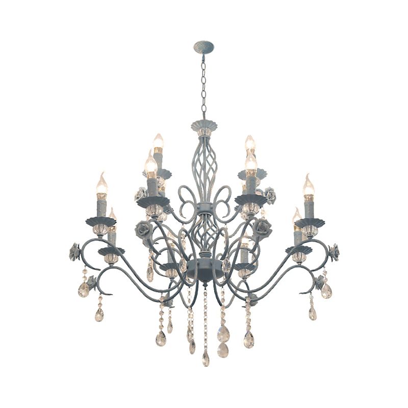 Blue Candelabra Hanging Ceiling Light Traditional Metal 12 Lights Living Room Chandelier Light with Crystal Drop
