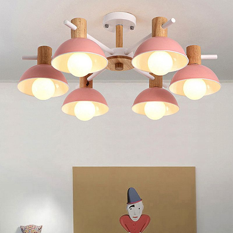 Pink/Green Dome Chandelier Lighting with Radial Design Modernist 6 Lights Rubber Led Hanging Lamp Fixture