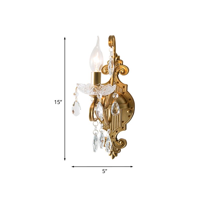 1/2-Light Candlestick Wall Sconce Antiqued Gold Iron Wall Mount Lamp with Crystal Drape