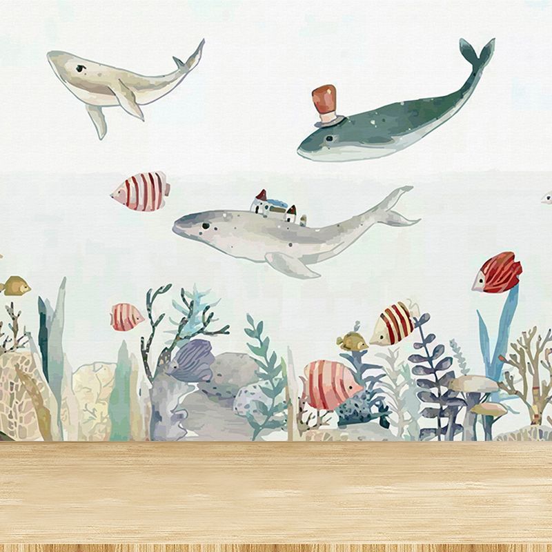 Great Whale and Sea Mural Wallpaper Children's Art Non-Woven Material Wall Covering
