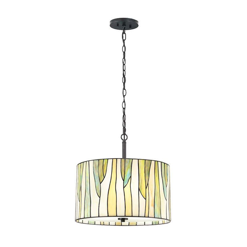 Tiffany Style Drum Down Lighting 1 Light Handcrafted Art Glass Suspension Lamp in Yellow for Living Room