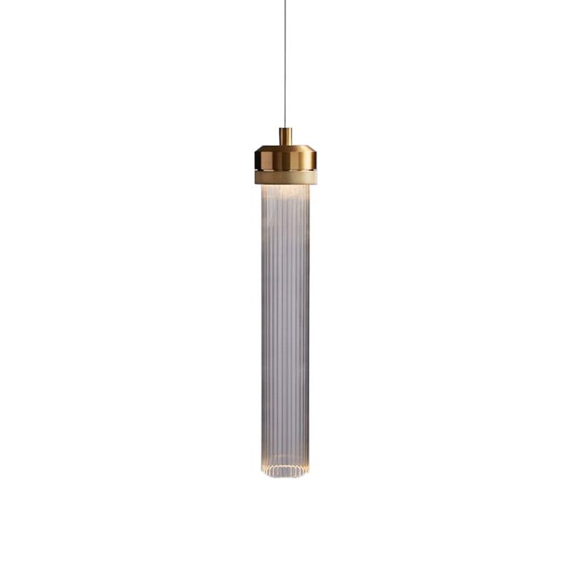 Clear Fluted Glass Tube Pendant Light Simplicity 1 Bulb Gold Hanging Ceiling Light over Dining Table