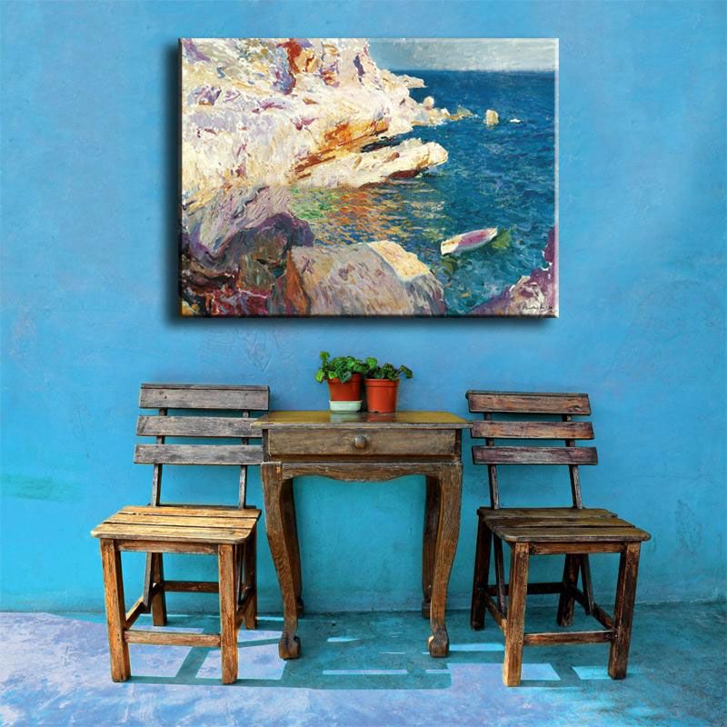 Tropical Ocean Rock Shore Canvas Art Blue-White Textured Painting for Sitting Room